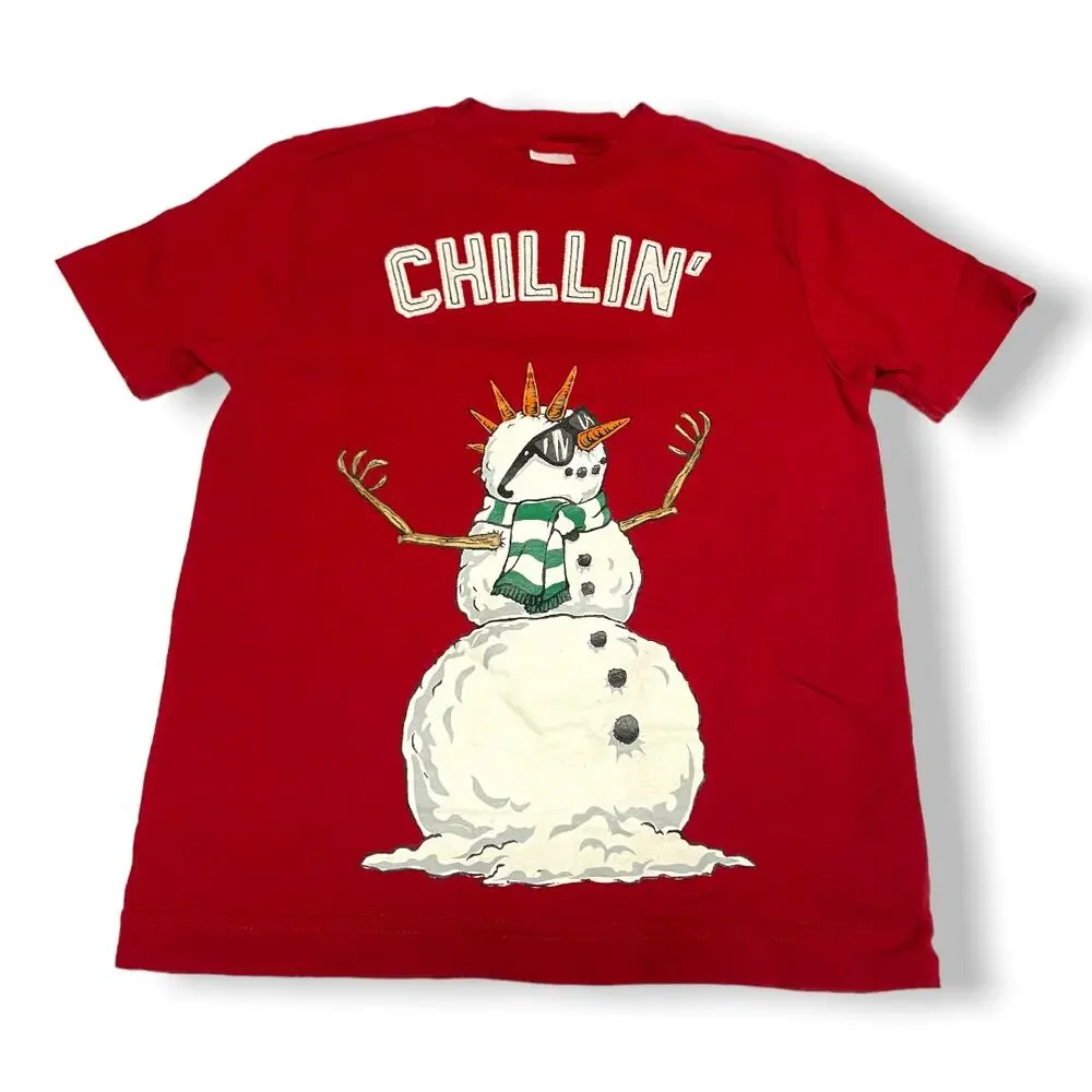 Gymboree Boys Shirt Size 4 Red Snowman Chillin' Tee Top‎ Sunglasses Scarf